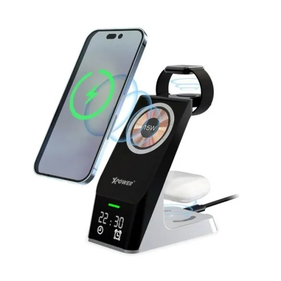 XPower WLS11 6 IN 1 15W Magnetic Wireless Charging Station with Clock Display - Alarm Clock - Black